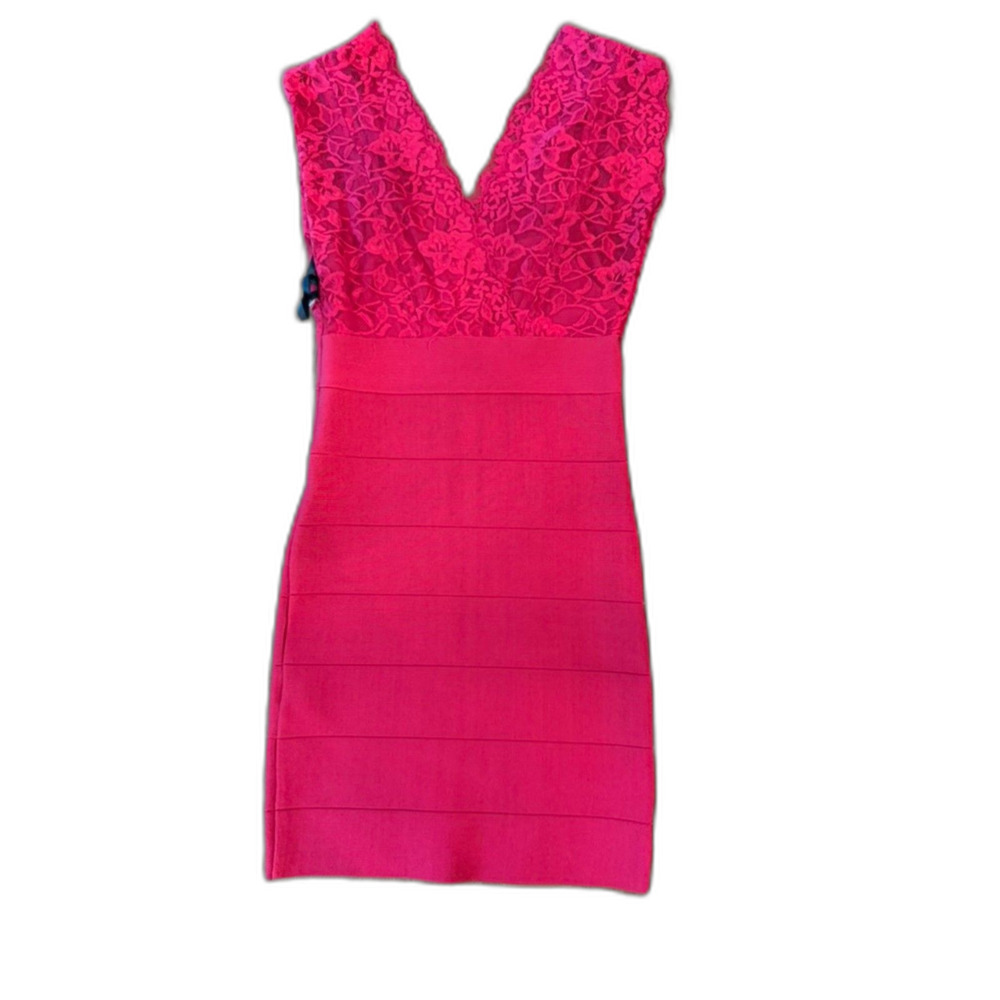 Bebe Red Bandage Bodycon Dress Lace Plunge Neck Size XS